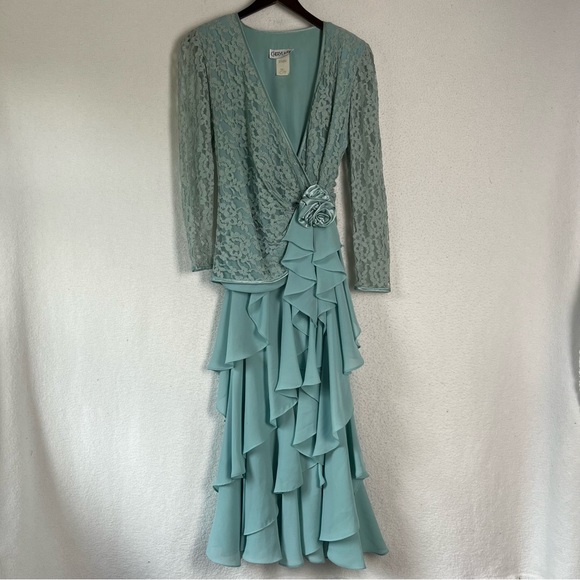 Vintage 70 80s Cheryl Kaye Sea Green Lace Asymmetric Cascading Ruffle Wrap Dress - Picture 1 of 16